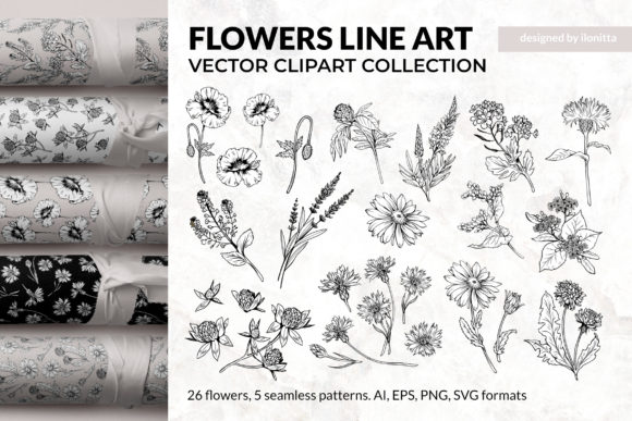 Flowers Line Art - Floral Clipart for Branding and Design