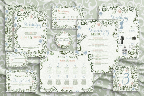 Green Wedding Invitation Cards. Vector for Print Templates and Graphics