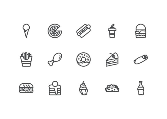 Junk Food Icon Set Line Style for Handmade Graphics