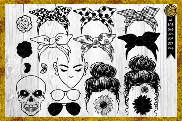 Messy Bun Bandana Mom Life Graphics Set